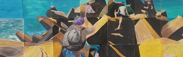 Exploring the Breakwater, Yuin Country is a collaborative pencil drawing by Year 7 students at Kindlehill Steiner School, depicting their experiences from a two-week Geography Camp. The artwork showcases the students connection to Country and their journey through the south-east rainforests and Lake M